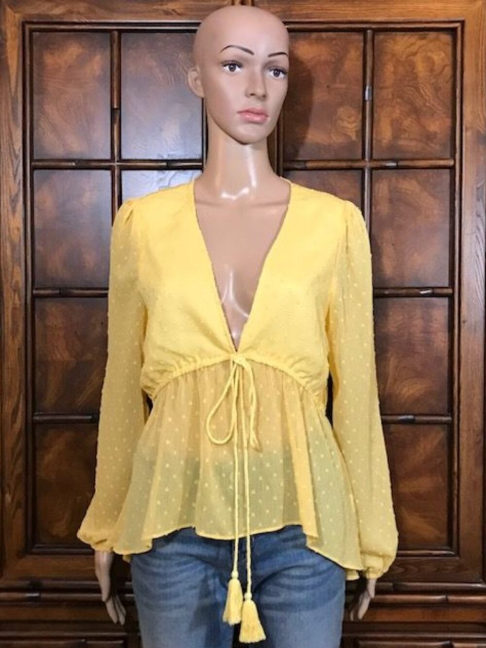 Allegra K Canary Yellow Swiss Dot Sheer Tassel Lantern Sleeve Blouse